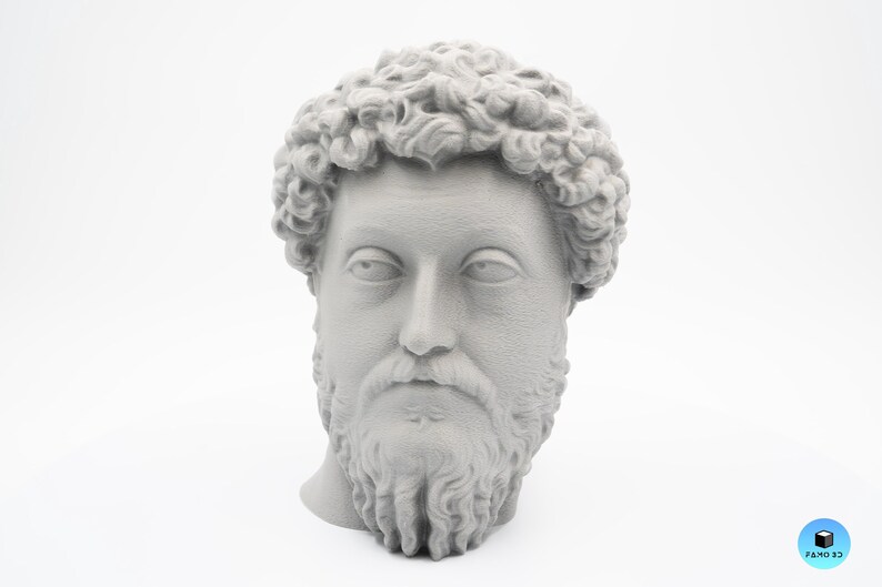 May include: A gray bust of a man with a beard and curly hair. The sculpture has a detailed face with a prominent nose and a serious expression. The bust is set against a plain white background.