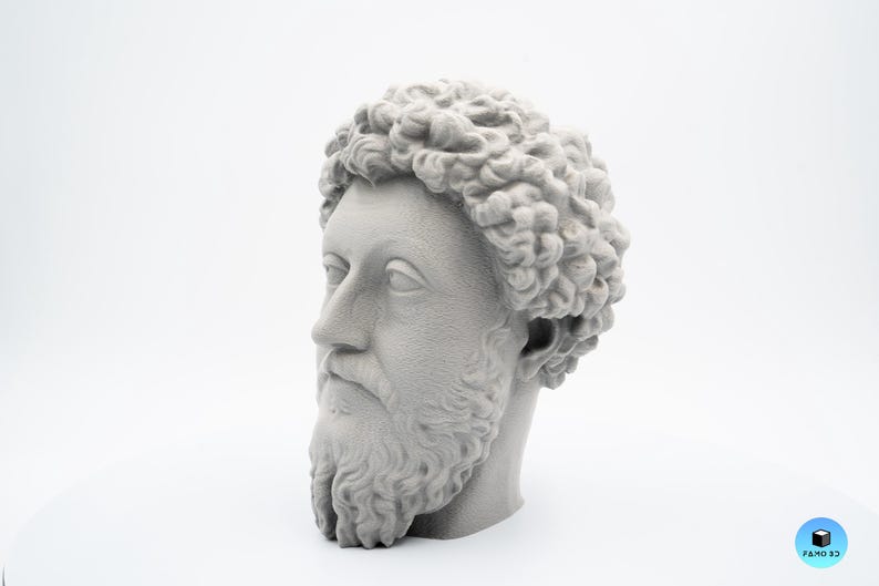 May include: A gray bust of a man with a beard and curly hair. The sculpture is a side profile, showcasing the man's facial features and the texture of his hair and beard. The bust is set against a white background.