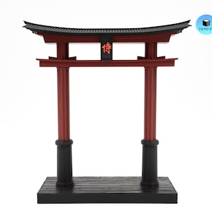 May include: A miniature red and black Torii gate, a traditional Japanese Shinto shrine gate. The gate features two vertical pillars, a horizontal beam, and a curved top. The word "侍" is displayed on the top. The gate is mounted on a black base.