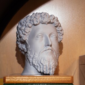 May include: A light gray bust of a man with a curly hairstyle and a full beard. The sculpture is displayed on a wooden surface, with a neutral background. The bust is a classical art piece, likely a historical figure.