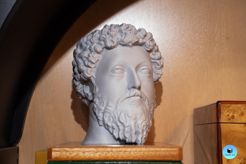 May include: A light gray bust of a man with a curly hairstyle and a full beard. The sculpture is displayed on a wooden surface, with a neutral background. The bust is a classical art piece, likely a historical figure.