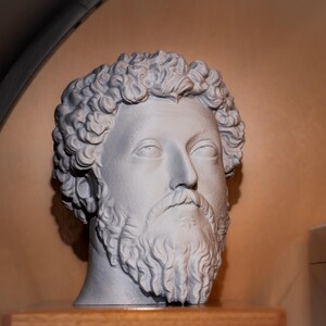 May include: A gray bust of a man with a beard and curly hair. The sculpture has a detailed face with closed eyes and a prominent nose. The bust is displayed on a wooden shelf against a warm-toned background.