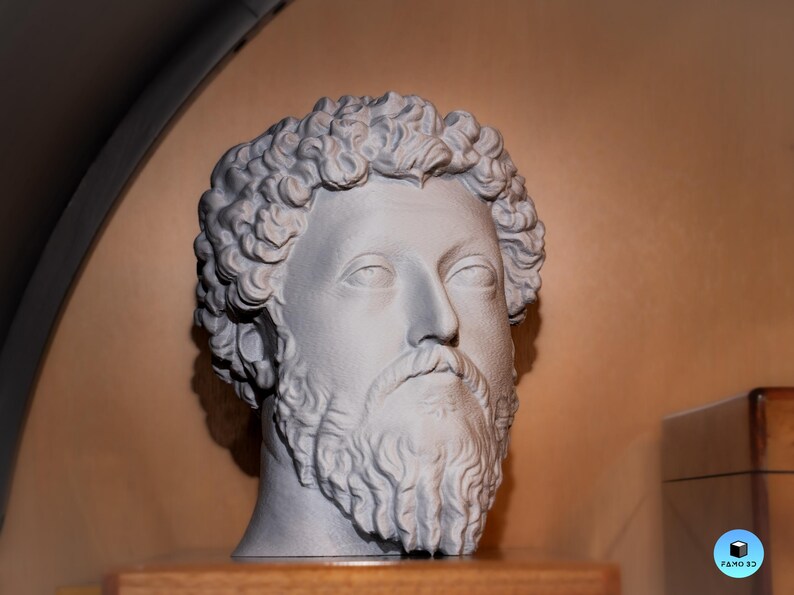 May include: A gray bust of a man with a beard and curly hair. The sculpture has a detailed face with closed eyes and a prominent nose. The bust is displayed on a wooden shelf against a warm-toned background.