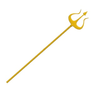 May include: A long, golden-colored trident featuring a slender, straight shaft and a three-pronged head. The central prong is straight and pointed, while the two outer prongs curve outward and upward, creating a symmetrical, pointed design.