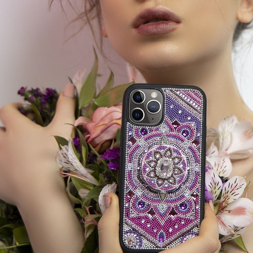 Pink Purple Mandala Phone Case for iPhone 13 14 Pro Max, Samsung orders S22 Ultra Plus, Bling Rhinestone Swarovski Crystals Gift by HANIX CRYSTALS