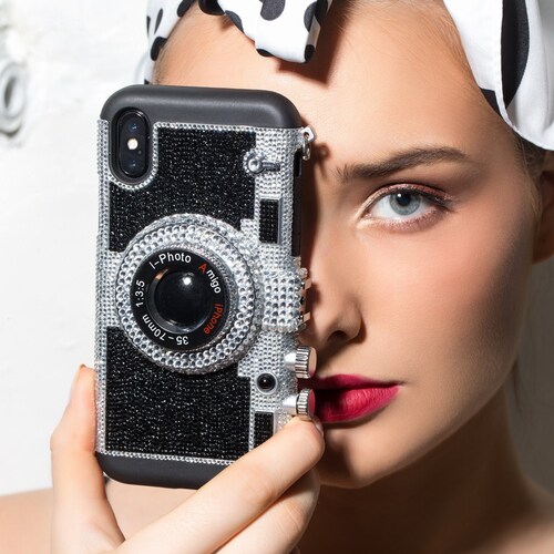 Bling Red Emily in Paris Phone Case for iPhone 14 13 12 Pro Plus Max Mini XS, Swarovski Crystals shops 3D Retro Camera Case by HANIX CRYSTALS