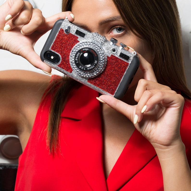 Bling Red Emily in Paris Phone Case for iPhone 14 13 12 Pro Plus Max Mini XS, Swarovski Crystals shops 3D Retro Camera Case by HANIX CRYSTALS