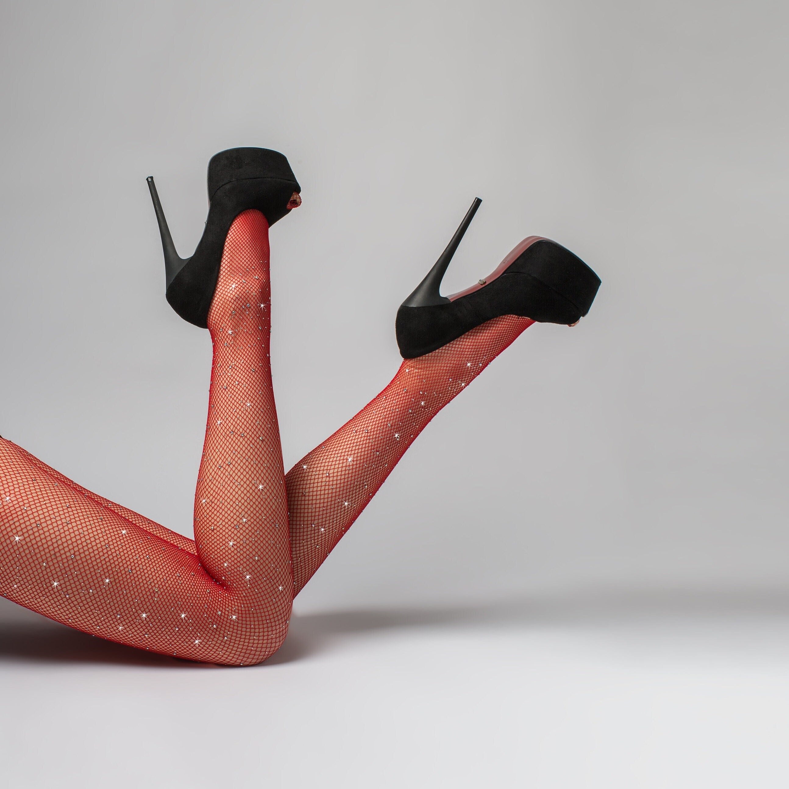 Red Women's Fishnets Sparkly Tights High Waist Rhinestone - Etsy