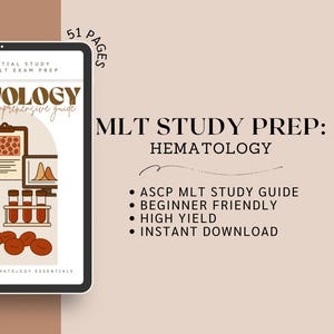 Op de afbeelding: Een digitale studiehandleiding voor MLT-examenvoorbereiding, getiteld "Hematologie: Een uitgebreide gids". De afbeelding toont een tablet met illustraties van een microscoop, bloedcellen en laboratoriumapparatuur. De gids is 51 pagina's lang.