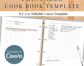 Personalized Recipe Book Template, Blank Cookbook, Custom Cookbook, Printable, Canva Template
