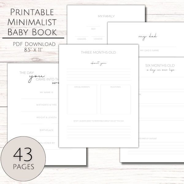 Minimalist Printable Baby Book, Milestone Tracker, Baby Journal, Gender Neutral Baby Shower Gift