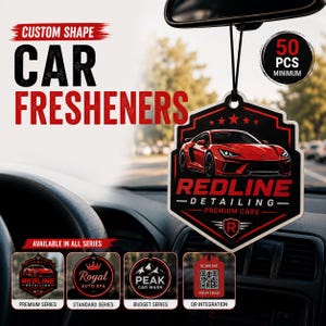 May include: A custom shape hanging car freshener featuring a red sports car graphic, the text REDLINE DETAILING PREMIUM CARE, and five stars. The design includes a black string and a circular badge stating 50 PCS MINIMUM. Four smaller circular and shield-shaped product examples are displayed below with text including Royal Auto Spa, Peak Car Wash, and a QR code.