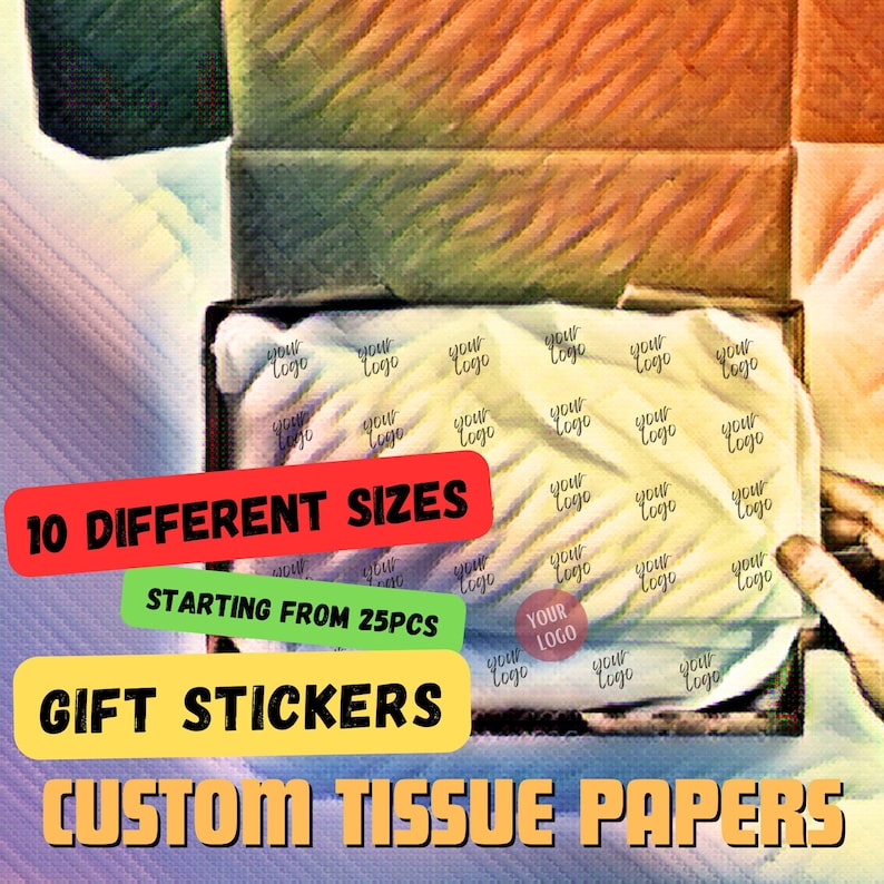 May include: Custom tissue paper with 10 different sizes, starting from 25 pieces. The tissue paper is white with a repeating pattern of "Your Logo" printed on it. The tissue paper is shown in a box with a yellow, orange, and red background.