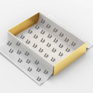 May include: A gold box with a white paper liner. The paper liner is printed with the words "your logo" repeated many times.