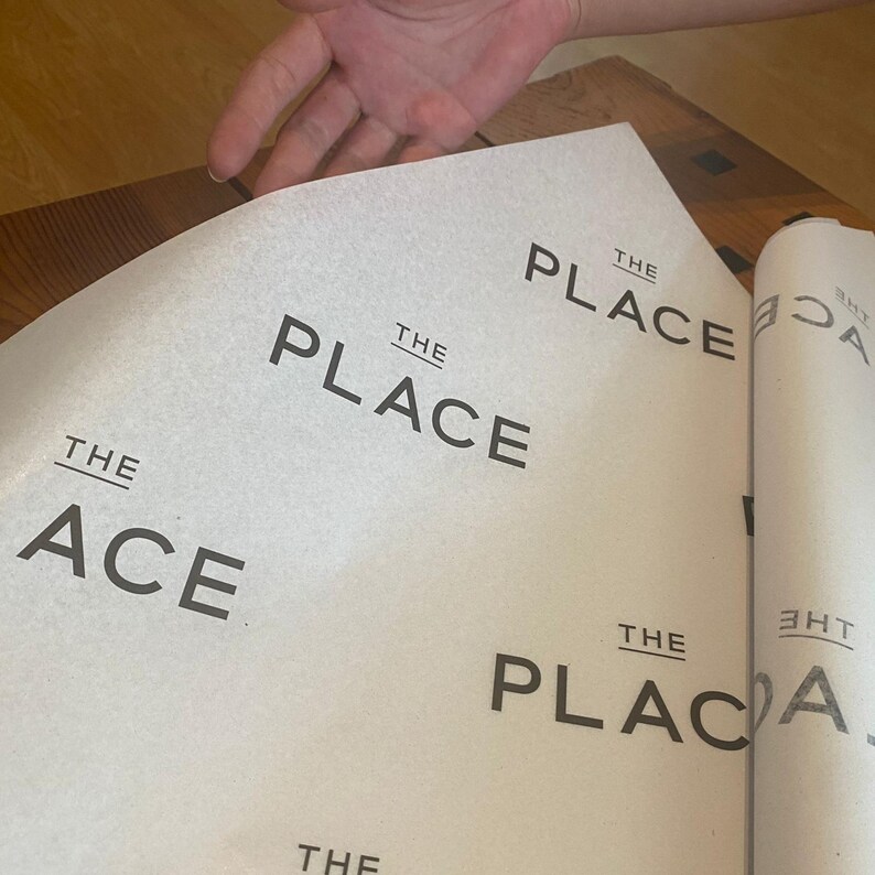 May include: White wrapping paper with the text "THE PLACE" repeated multiple times. The text is in a simple, black, sans-serif font.