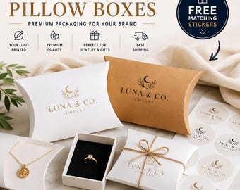Custom Logo Pillow Boxes | Branded Jewelry Packaging | Personalized Kraft & White Gift Boxes | FREE Matching Stickers