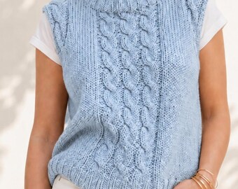 Patrón de chaleco de punto, top sin mangas retro de alpaca suave y fácil de tejer con trenzas, jersey clásico de cuello redondo grueso de abajo hacia arriba (PDF).
