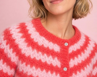 Crochet cardigan PDF Pattern top down with buttons  silk mohair striped fluffy sweater beginnerfriendly