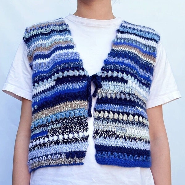 CROCHET PATTERN VEST.Vera Crochet Striped Slipover.Zerowaste Boho Vest With Bow.Blue Scrapyarn Crochet Vest.Sustainable Crochet V-neck Vest.