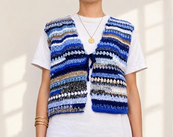 Crochet Vest Pattern, Stash Buster Boho Striped Slipover, Easy Beginnerfriendly Scrapyarn V-neck Top, Unique Zerowaste With Bows PDF.