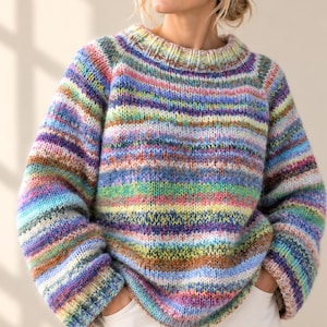 Sweater Knitting Pattern, Seamless  Top Down Scrap Yarn Pullover, Beginnerfriendly Colourful Striped  Zero Waste Stash Buster Jumper PDF.