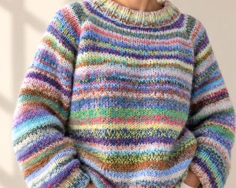 Sweater Knitting Pattern, Seamless  Top Down Scrap Yarn Pullover, Beginnerfriendly Colourful Striped  Zero Waste Stash Buster Jumper PDF.
