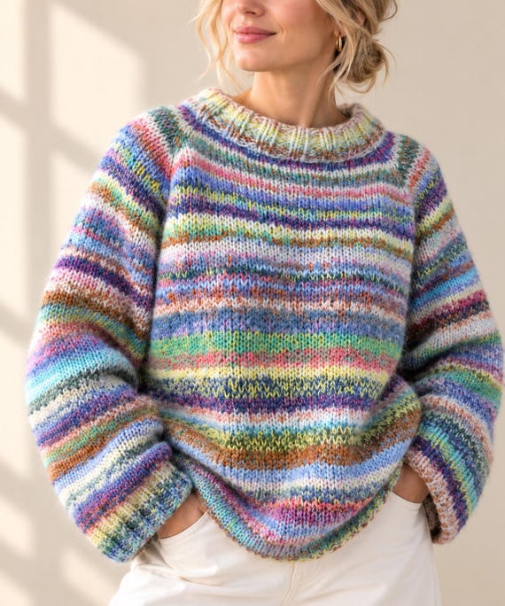 Sweater Knitting Pattern, Seamless Top Down Scrap Yarn Pullover