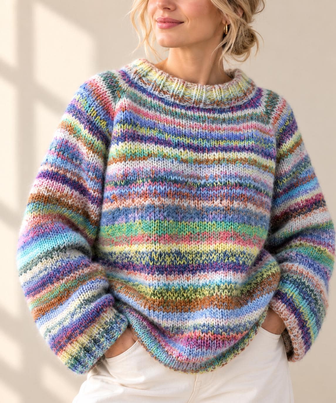 Sweater Knitting Pattern, Seamless Top Down Scrap Yarn Pullover