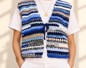 Patrón de chaleco de ganchillo, chaleco bohemio a rayas para aprovechar restos de lana, top de cuello en V fácil para principiantes, diseño único de cero residuos con lazos (PDF).