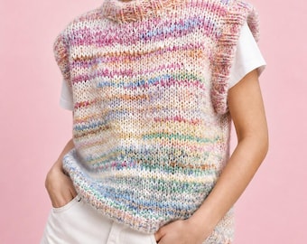 Knitted Mohair Vest Pattern, Chunky Colourful Buttom Up Zero Waste Scrapyarn (PDF Pattern)