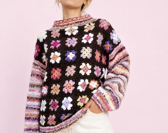 Granny Square Crochet Sweater Pattern, Knit Sleeves, Scrap Yarn Zerowaste Design (PDF Pattern)