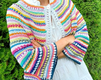 KAHLO Boho Cardigan. Instant PDF download Crochet Pattern. Detailed description with photos. Perfect scrapyarn project. Zerowaste crochet.