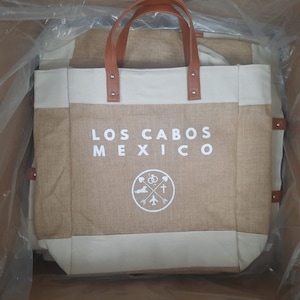 Bolsa de yute con monograma personalizado: bolsa de playa grande de arpillera con asas de cuero