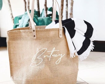 initial and logo printed jute bag, bachelorette tote bag, gift bag, bridesmaid gift bags, burlap tote bag, monogram beach bag with PU handle