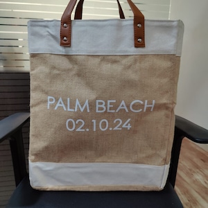 Bolsas de yute con letras impresas personalizadas, bolso con asa de cuero de PU con monograma, bolso de mano personalizado para dama de honor, bolso de arpillera natural, bolsa de regalo para fiesta de Navidad