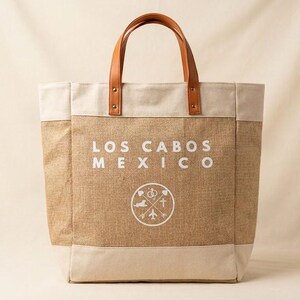 Custom Monogram Jute Tote Bag: Large Burlap Beach Bag with Leather Handles