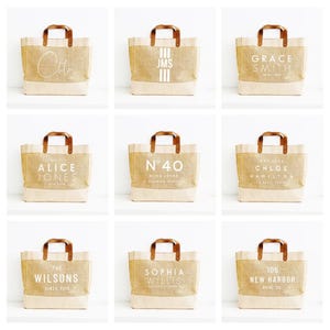 Pu&ograve; includere: Nove borse tote in iuta beige con manici in legno e fondi color crema. Ogni borsa presenta testo bianco, inclusi nomi, iniziali e numeri. Ideali per trasportare generi alimentari o oggetti personali.