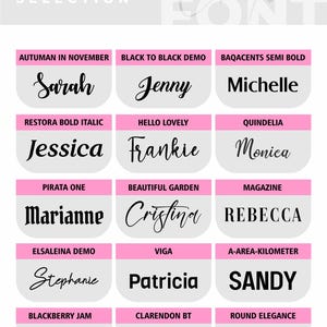 Pu&ograve; includere: Una guida alla selezione dei font con vari stili di font. Ogni font &egrave; visualizzato con un nome in una casella rosa, mostrando diversi tipi di carattere come "Sarah", "Jenny" e "Michelle". L'immagine include il testo "NAME FONT SELECTION".