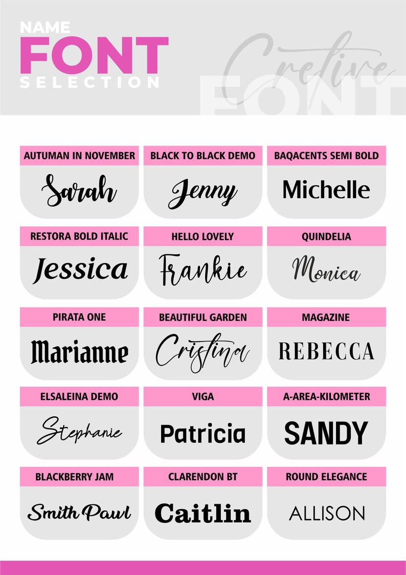Pu&ograve; includere: Una guida alla selezione dei font con vari stili di font. Ogni font &egrave; visualizzato con un nome in una casella rosa, mostrando diversi tipi di carattere come "Sarah", "Jenny" e "Michelle". L'immagine include il testo "NAME FONT SELECTION".