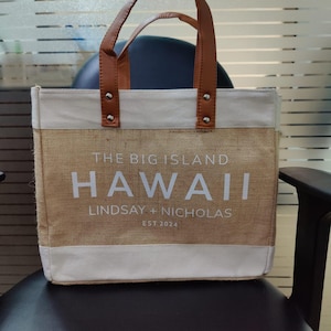 Custom Reusable Natural Small Leather handle bag, Beach Tote Bag, Bridesmaid Burlap Jute Bag, Bachelorette Christmas Party Gift Tote Bag