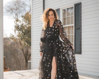 RENTAL DRESS - The Midnight (Size xs - xl), Black Robe Dress with Gold and Silver Stars, Photography Dress, Maternity, Photoshoot, Senior