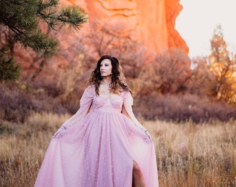 RENTAL DRESS - The Pink Pearl (Size 0-10), Pearl Dress, Long Sleeve, Photography Dress, Maternity, Photoshoot, Prom, Senior