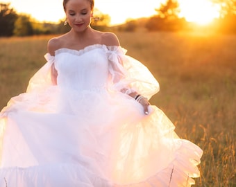 RENTAL DRESS - The Poshlyn (Size 0-6), White Wedding Dress, Bride, Off the shoulder, Photography, Corset Back, Prom