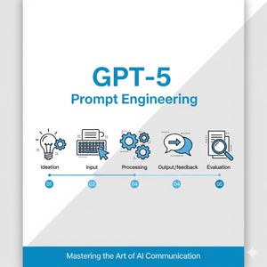 May include: A graphic illustrating the GPT-5 Prompt Engineering process. The title is in blue, with a series of icons representing Ideation, Input, Processing, Output/feedback, and Evaluation. The text "Mastering the Art of AI Communication" is at the bottom.