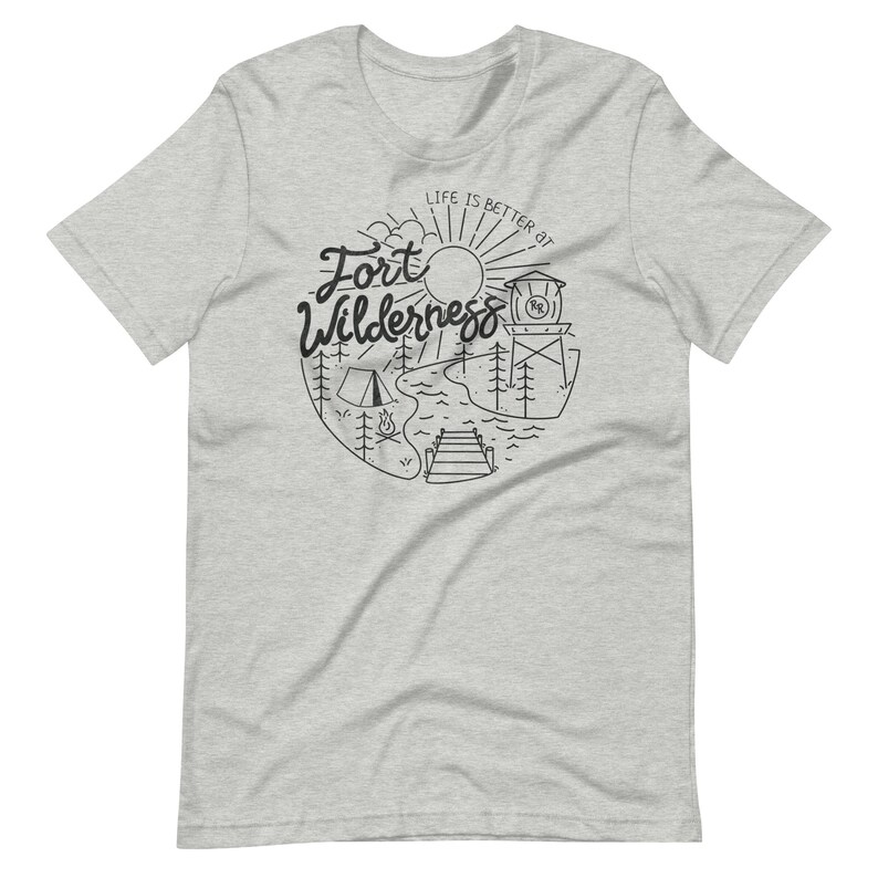 May include: A gray t-shirt with a black and white illustration of a campsite with the text "Life is better at Fort Wilderness".