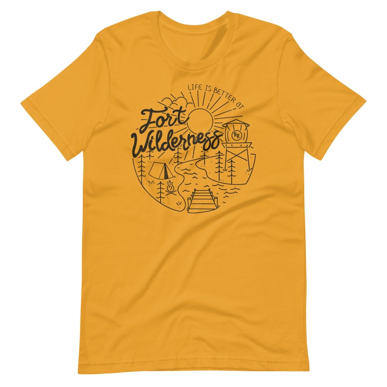May include: A yellow t-shirt with a black graphic design that says "Life is better at Fort Wilderness". The graphic includes a sun, a lake, a tent, a campfire, a dock, and a tower with a flag.