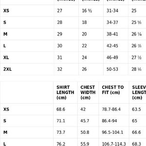 May include: Size guide chart for shirts, showing shirt length, chest width, chest to fit, and sleeve length in inches and centimeters.  Sizes include XS, S, M, L, XL, and 2XL.
