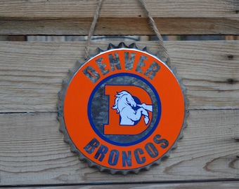 Football Bottle Cap Wall Decor, Metal Sign, Gift For Dad, Superbowl Gift, Custom Garage Sign, Broncos