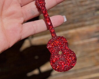 Red Guitar Keychain | Bedazzled, Charm, Keyring | Red Glitter Guitar