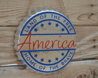 America Bottle Cap Wall Decor, Metal Sign, Personalized Gift , Custom Door Sign, Fourth Of July